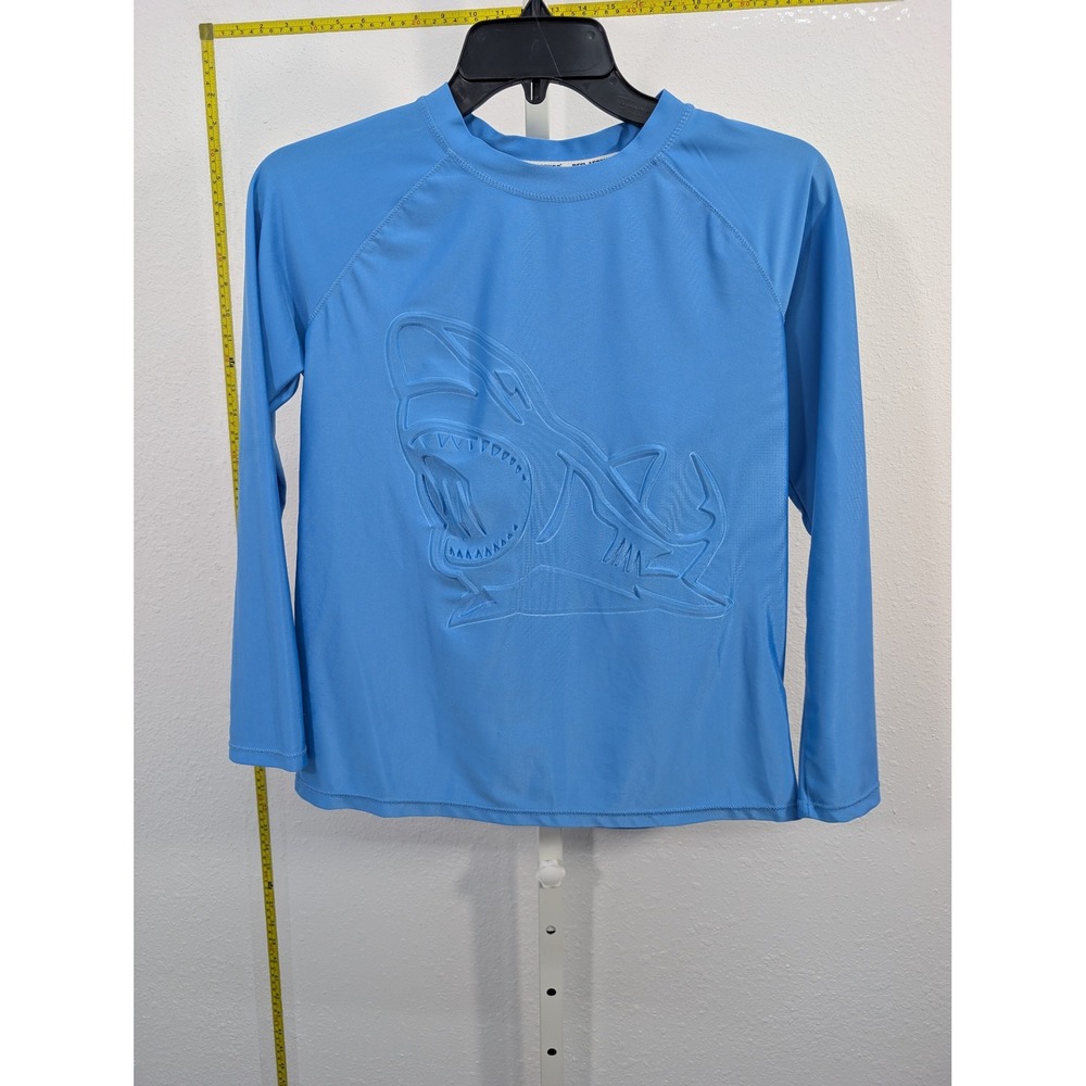 Youth‎ Medium Blue Long Sleeve Shark Rash Guard Swim Shirt 3D Embossed Graphic